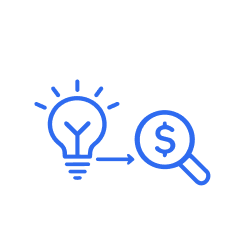 Go-to-market intelligence icon showing insight to revenue with lightbulb and magnifying glass for pricing and competitive analysis.