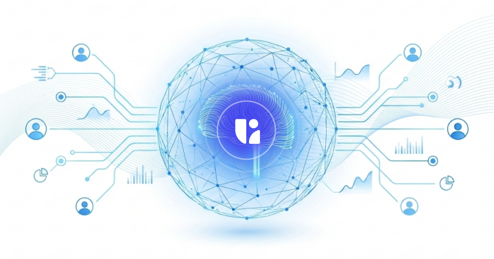 Blue digital network sphere with connected user icons and data charts symbolizing data exchange and connectivity.